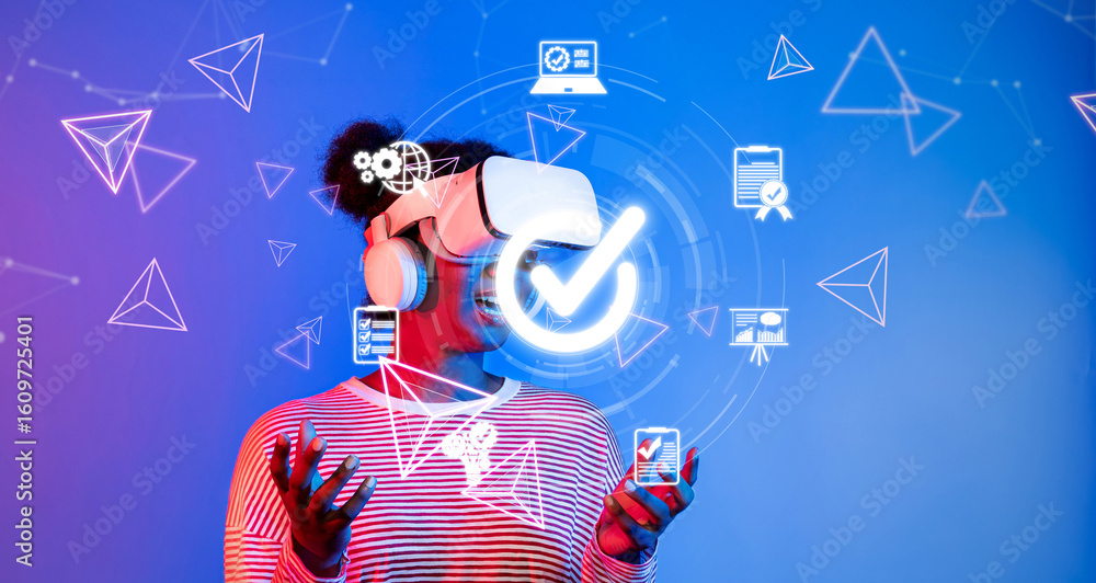 Poster a vibrant scene showcasing a user engaging with virtual reality technology, emphasizing quality assu
