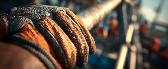 Closeup of a gloved hand gripping a pipe with representing hard work in the oil and gas industry.