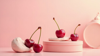 Pink cherries on a pink background, still life aesthetic studio shot