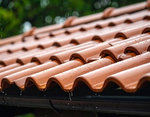 Rain-drenched terracotta roof tiles