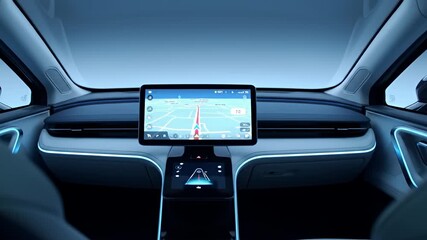 Sleek interior car view, with illuminated trim and navigation display, under blue light - Powered by Adobe
