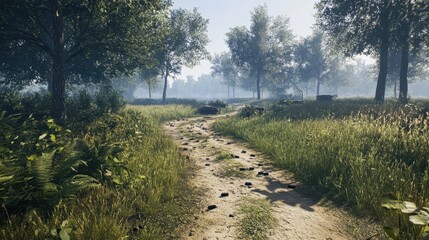 Fototapeta premium Serene Pathway Through Lush Green Landscape in Early Morning Light