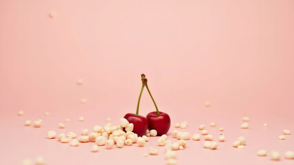 Two red cherries on a pink table with scattered candy, studio shot