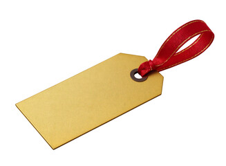 Gold gift tag with a red ribbon, isolated on a transparent background in PNG format.