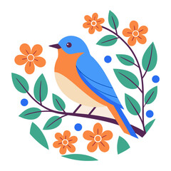 Blue Orange Bird with Flowers and Leaves Decorative Nature Vector Illustration