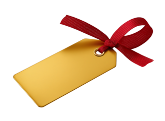 Gold gift tag with a red ribbon, isolated on a transparent background in PNG format.