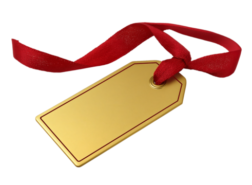 Gold gift tag with a red ribbon, isolated on a transparent background in PNG format.