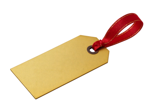 Gold gift tag with a red ribbon, isolated on a transparent background in PNG format.
