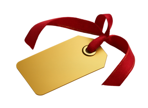 Gold gift tag with a red ribbon, isolated on a transparent background in PNG format. - Powered by Adobe