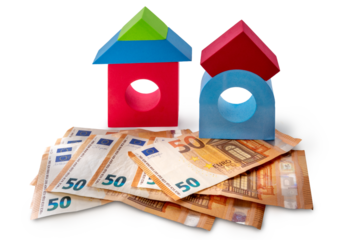 Multicolored toy brick houses on fifty euro banknotes isolated, concept of house purchase cost