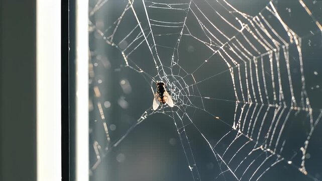 Fly caught in delicate spiderweb, backlit against a dark background, next to window