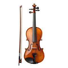 Fototapeta premium A full view of a brown wooden violin with a bow standing next to it against a black background