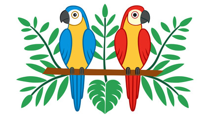 Two Colorful Parrots on Green Branch Tropical Birds Vector Illustration