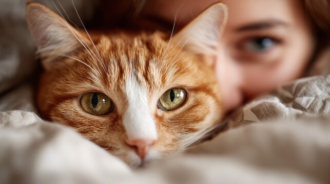 pets, hygge and people concept - close up of female owner with red and tabby cat in bed, no logos, no brands - Powered by Adobe