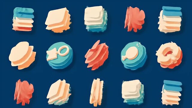 Abstract stacked 3D shapes in pastel shades over a dark blue, patterned arrangement