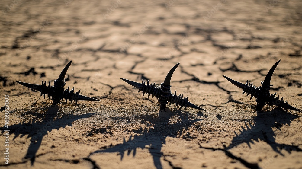 Poster sharp metal objects on dry cracked earth creating unique shadows