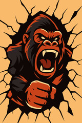 Powerful Gorilla Breaking Through Wall Fierce Illustration