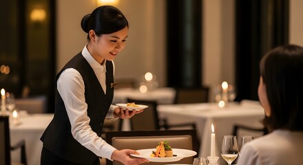 Professional Asian waitress delivering impeccable service and a gourmet dish in an elegant fine dining restaurant.