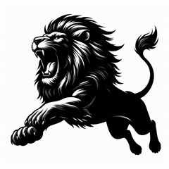 Powerful black lion roaring and leaping with open mouth and mane © MST MAJADA