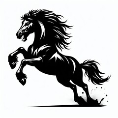 Powerful black horse rearing up with a wild mane and tail