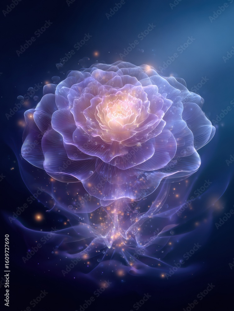 Poster abstract brain transforms into a blooming flower with a soft futuristic background in an open space