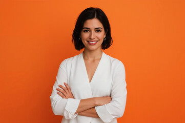 Confident young professional smiling warmly against a vibrant orange background arms crossed and