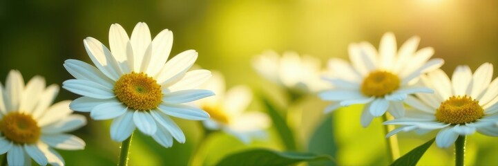 Naklejka premium Close-up, pure white daisy blossoms bathed in sunlight , light, image