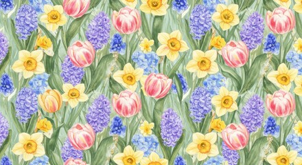 Watercolor painting of tulips daffodils hyacinths and hydrangeas