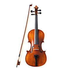 Fototapeta premium A wooden violin standing upright with a bow leaning against it on a black background in a studio shot