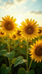 Obraz premium Close-up view of sunflower stalks in a sunlit field, rural, bloom, photography