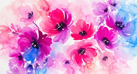 Watercolor painting of vibrant pink and purple flowers with blue accents