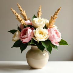 Cream roses, blush peonies, dried grasses in a beige vase , vase, design