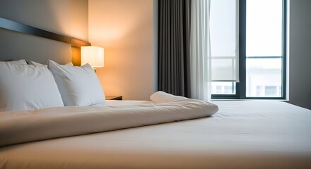 A modern and comfortable hotel bedroom interior with a perfectly made bed and warm ambient lighting.