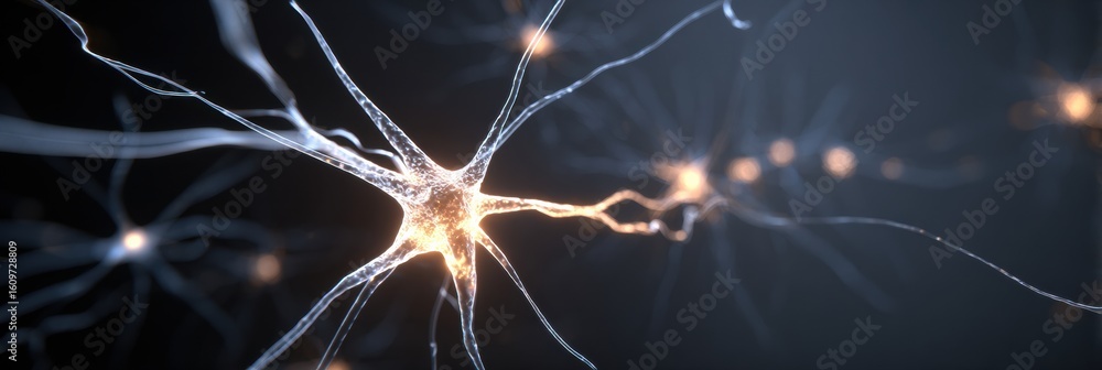 Poster abstract neuron network forming light paths representing mental connections with a blank upper zone