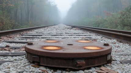 Fototapeta premium Rustic Train Tracks Surrounded by Foggy Forest Landscape