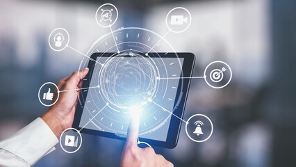 Content marketing interface with data dashboards, analytics charts, and content tools. Marketing...