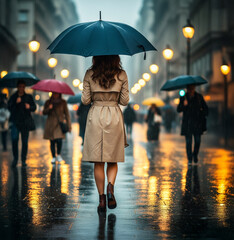 Kobieta Idąca z Parasolem w Deszczowy dzień na ruchliwej ulicy w mieście.