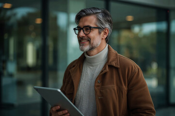 A confident businessman smiling while holding a tablet outside a modern office building in soft