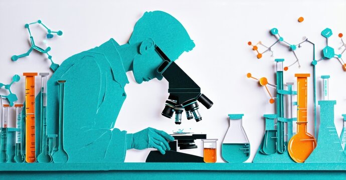 Papercraft scientist examining sample under microscope. Lab equipment surrounds figure, depicting research process. Teal color scheme dominates image.