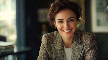 Woman in a tweed jacket smiling indoors