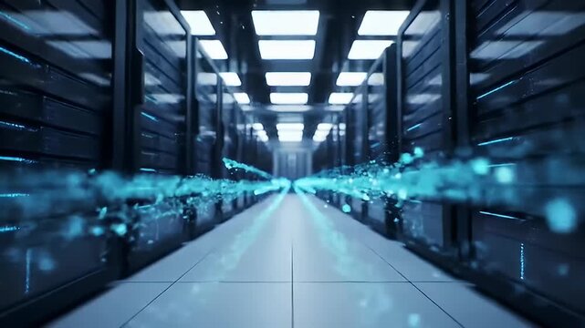 Data server hallway with glowing turquoise light and white tile floors, futuristic style