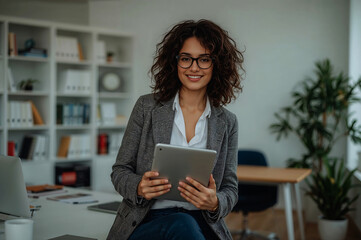 Confident businesswoman smiling while working with her tablet in a bright modern office setting with