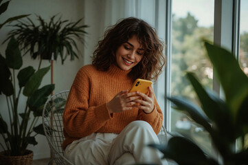 A young woman smiling while texting on her phone cozy in her plant filled apartment with a bright