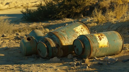 Rusty Containers Abandoned in Desert Landscape Under Warm Sunlight