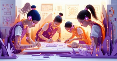 Futuristic scene depicts young women collaborating over glowing digital interface. Bright purple, orange hues dominate complex technology backdrop.