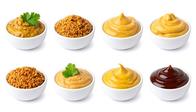 Assorted mustards and sauces in small bowls