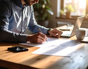Close-up of a man working on blueprints
