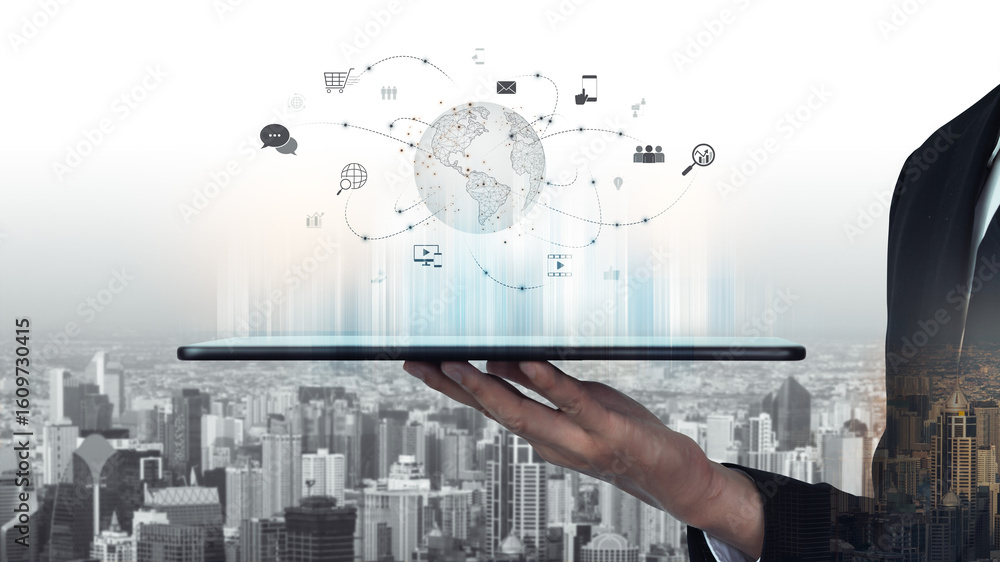 Poster visualization of global digital communication and online across multiple platforms, including global