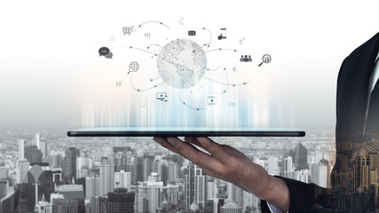 Visualization of global digital communication and online across multiple platforms, including global network, digital network, communication network, and online network. Vouch