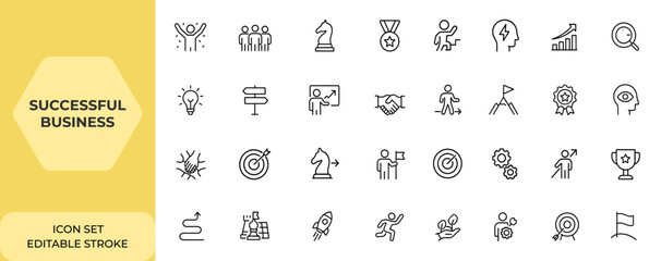 Web icon set in line style for successful business growth. Achievement, teamwork, strategy, winner, goal, brainstorm icons collection. Editable stroke design, development success and more.